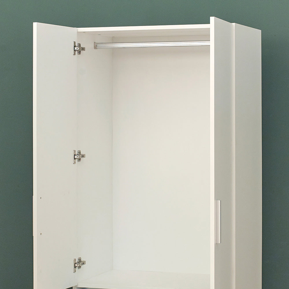 Klair Living Two-Door Wood Closet with Two Drawers and Hanging Bars in White