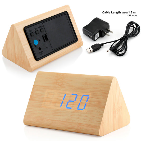 GEARONIC TM Modern Triangle Wood Clock Digital LED Wooden Alarm Clocks Digital Desk Thermometer Classical Timer Calendar