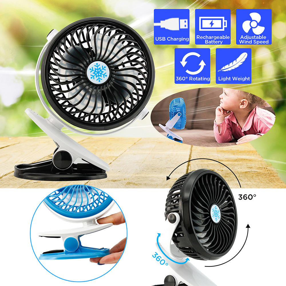 Oct17 Portable Stroller Table Fan Rechargeable Battery USB Mini Battery Operated Clip on Mini Desk Fan For Home Office Baby Stroller Car Laptop Study Gym Camping Tent