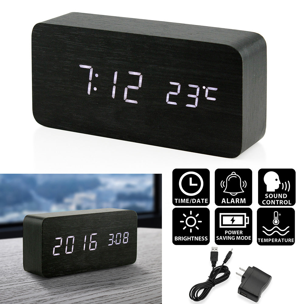 Oct17 Wooden Digital Alarm Clock, Wood Fashion Multi-Function LED Alarm Clock with USB Power Supply, Voice Control, Thermometer