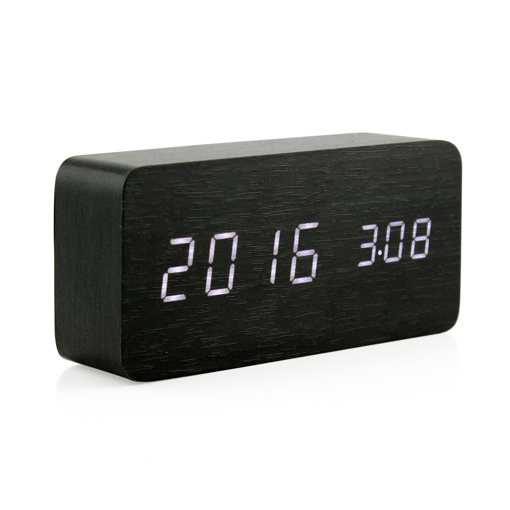 Oct17 Wooden Digital Alarm Clock, Wood Fashion Multi-Function LED Alarm Clock with USB Power Supply, Voice Control, Thermometer