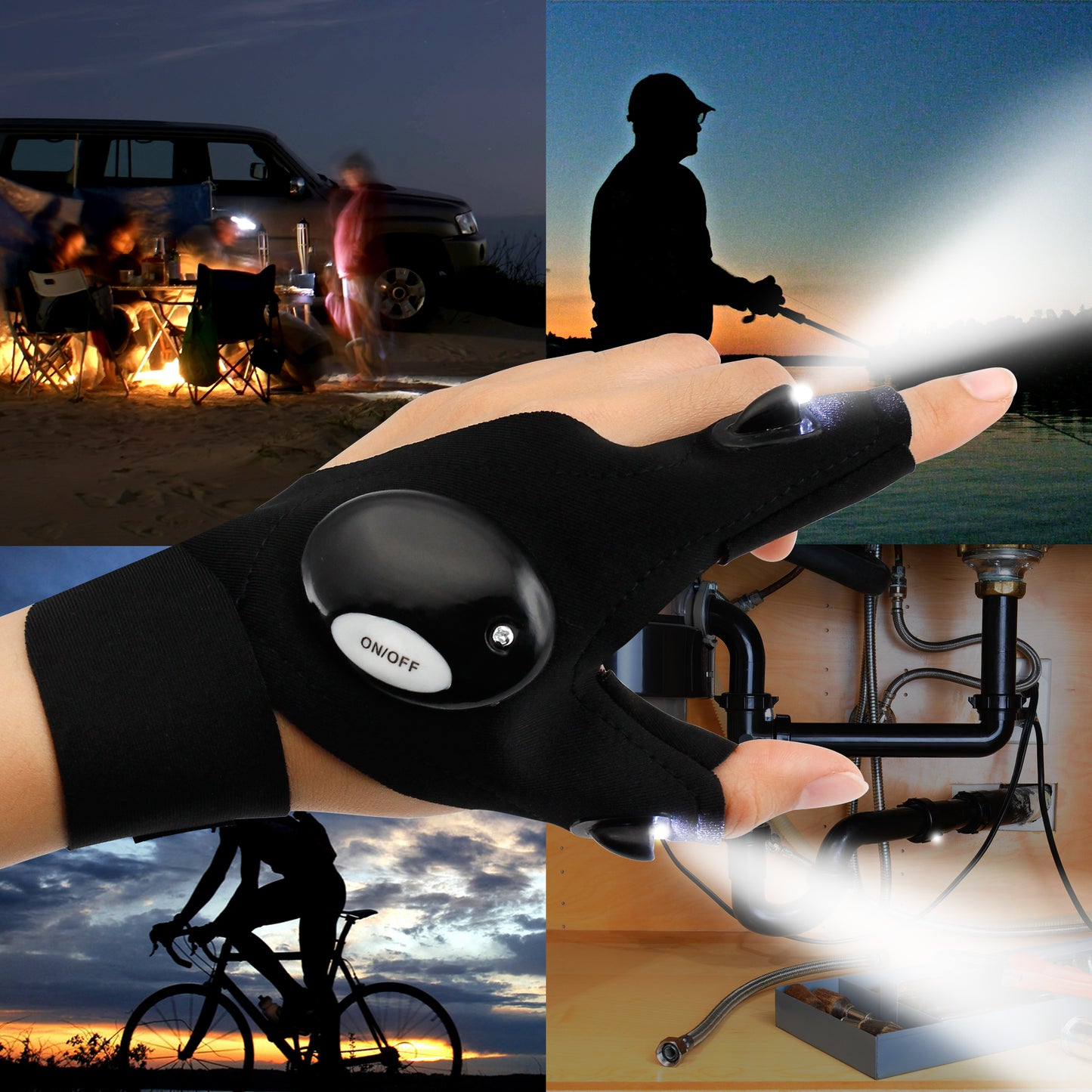 Oct17 Outdoor Activities Cycling Magic Strap Rescue Sporting Gloves 2 LED Flashlight Torch Handy Mechanic Tool -Left Hand