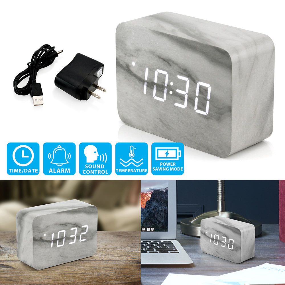 Oct17 Marble Pattern Alarm Clock, Fashion Multi-Function LED Alarm Clocks Stone Cube with USB Power Supply, Voice Control, Timer, Thermometer