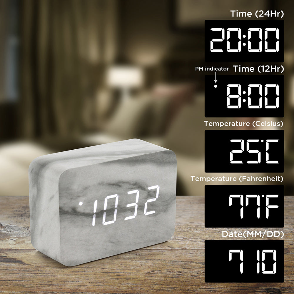 Oct17 Marble Pattern Alarm Clock, Fashion Multi-Function LED Alarm Clocks Stone Cube with USB Power Supply, Voice Control, Timer, Thermometer