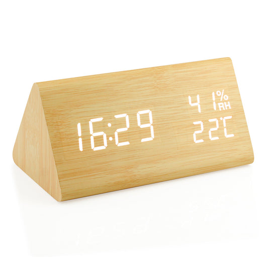 OCT17 Wooden Alarm Clock, Wood LED Digital Desk Clock, Upgraded with Time Temperature, Adjustable Brightness and Voice Control, Humidity Displaying