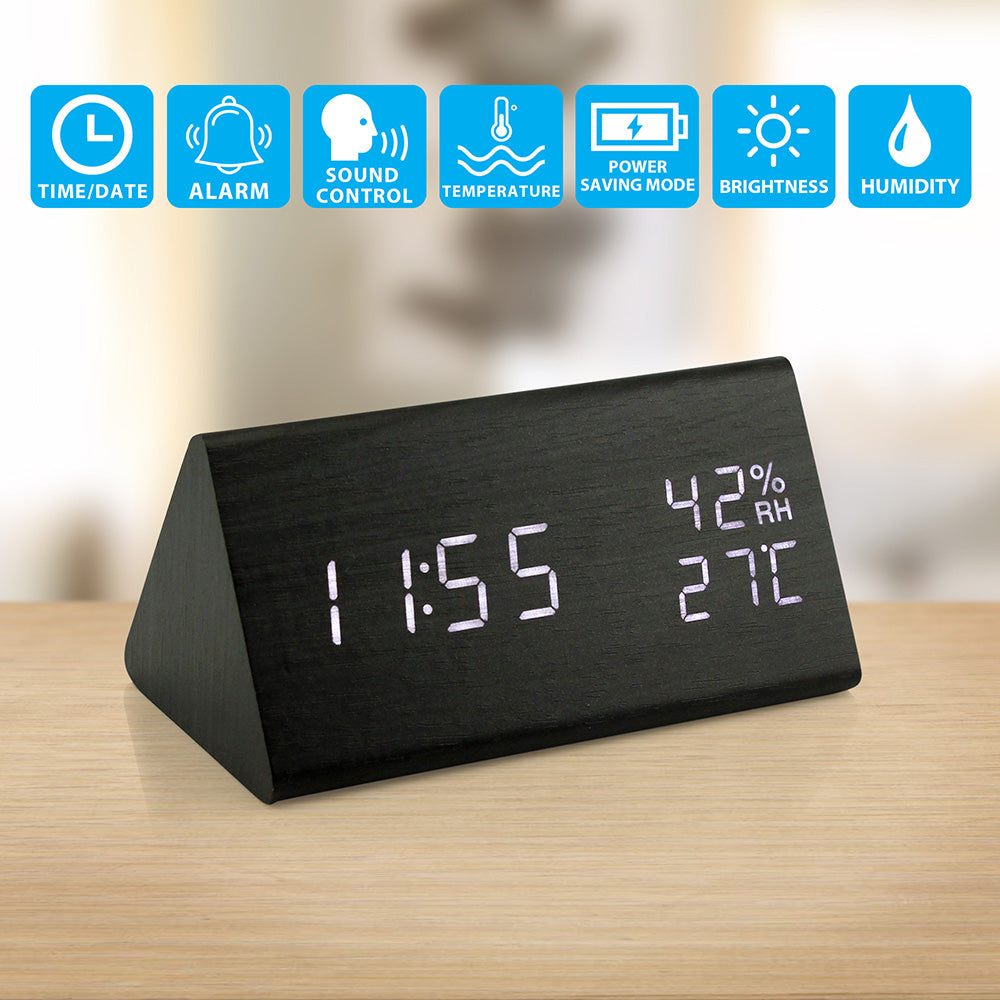 OCT17 Wooden Alarm Clock, Wood LED Digital Desk Clock, Upgraded with Time Temperature, Adjustable Brightness and Voice Control, Humidity Displaying