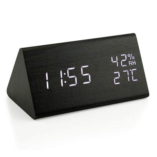 OCT17 Wooden Alarm Clock, Wood LED Digital Desk Clock, Upgraded with Time Temperature, Adjustable Brightness and Voice Control, Humidity Displaying