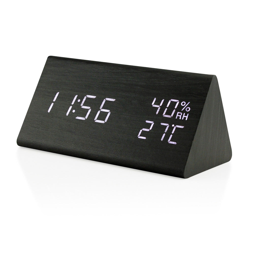 OCT17 Wooden Alarm Clock, Wood LED Digital Desk Clock, Upgraded with Time Temperature, Adjustable Brightness and Voice Control, Humidity Displaying