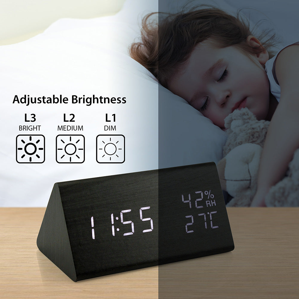 OCT17 Wooden Alarm Clock, Wood LED Digital Desk Clock, Upgraded with Time Temperature, Adjustable Brightness and Voice Control, Humidity Displaying