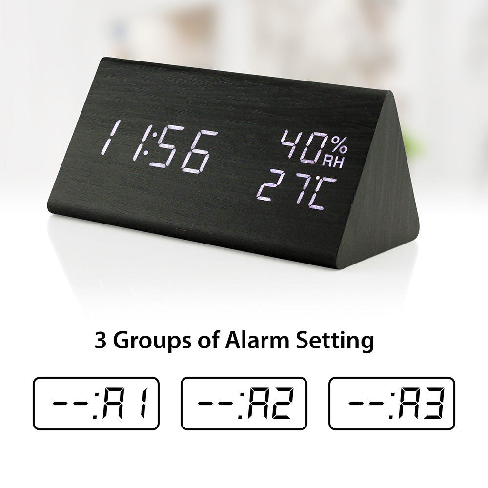 OCT17 Wooden Alarm Clock, Wood LED Digital Desk Clock, Upgraded with Time Temperature, Adjustable Brightness and Voice Control, Humidity Displaying