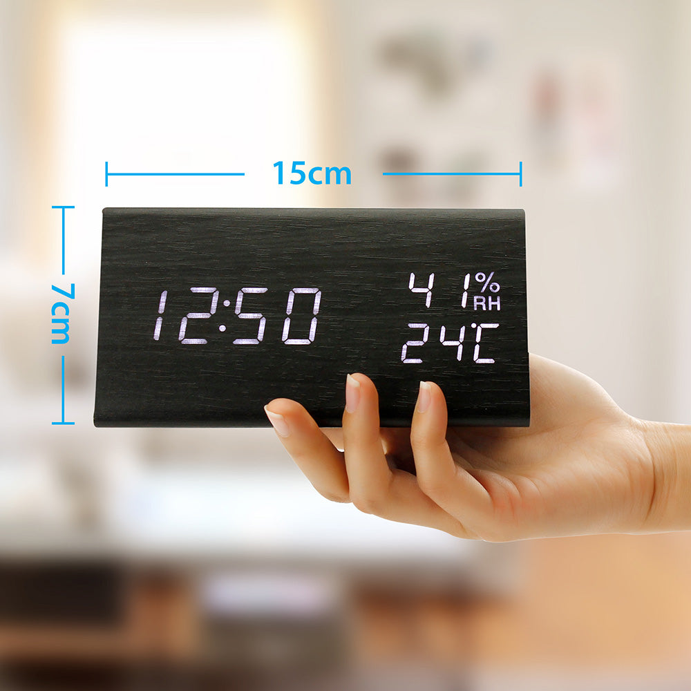 OCT17 Wooden Alarm Clock, Wood LED Digital Desk Clock, Upgraded with Time Temperature, Adjustable Brightness and Voice Control, Humidity Displaying