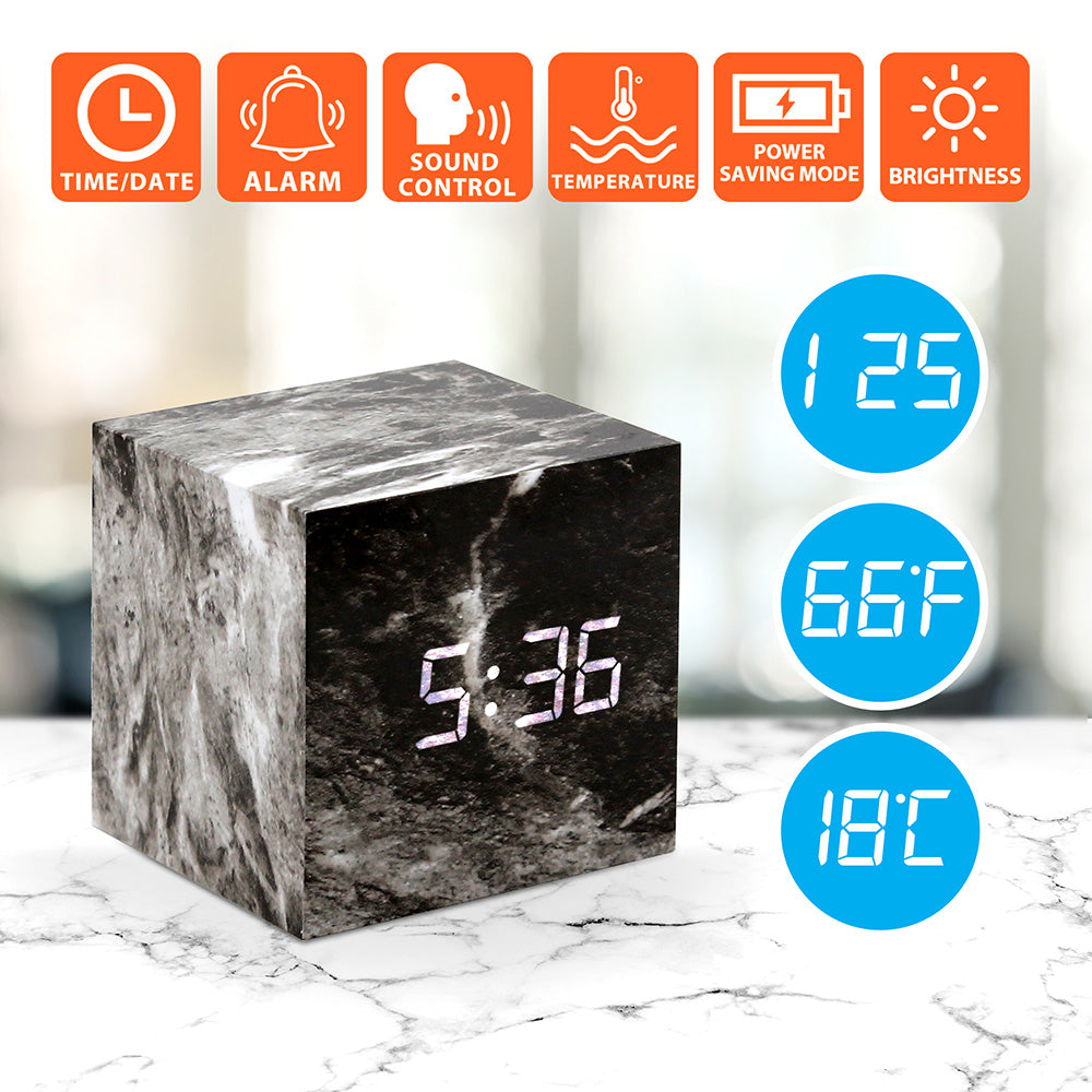 Oct17 Marble Pattern Alarm Clock, Fashion Multi-Function LED Alarm Clock Cube with USB Power Supply, Voice Control, Timer, Thermometer