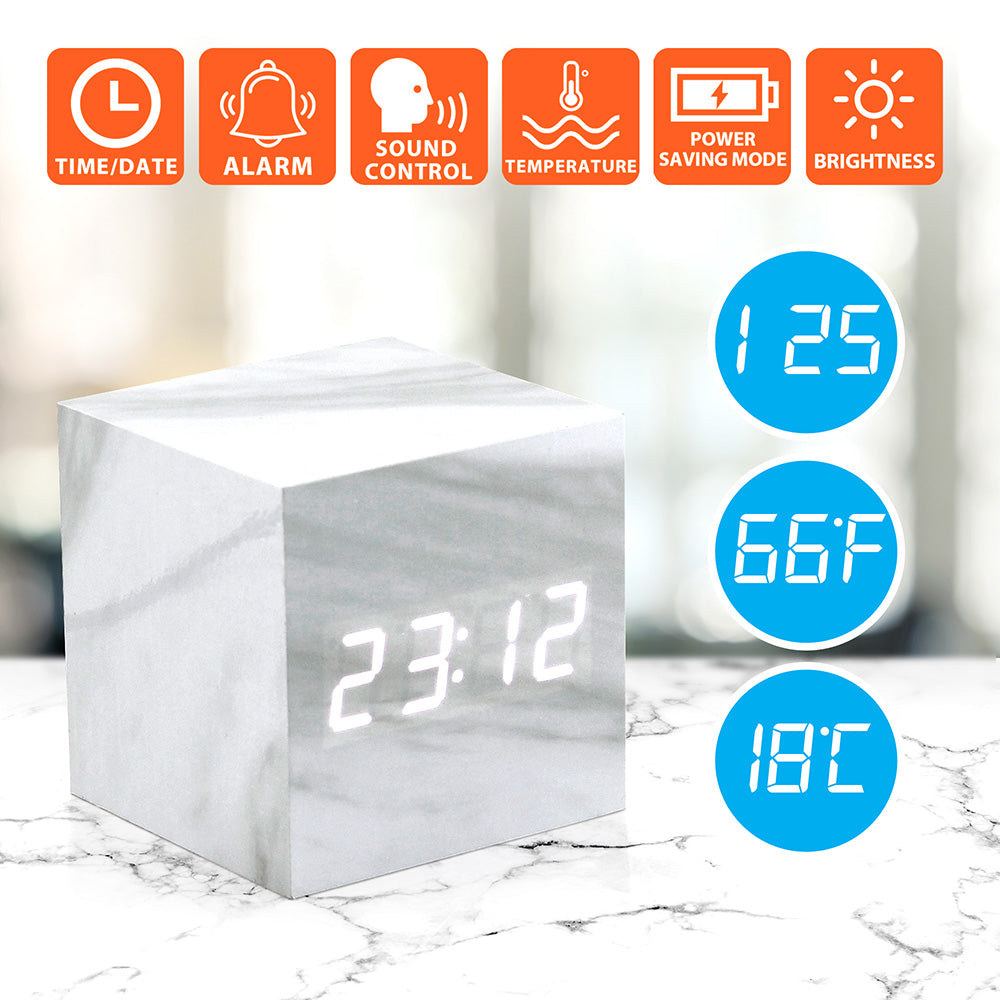 Oct17 Marble Pattern Alarm Clock, Fashion Multi-Function LED Alarm Clock Cube with USB Power Supply, Voice Control, Timer, Thermometer