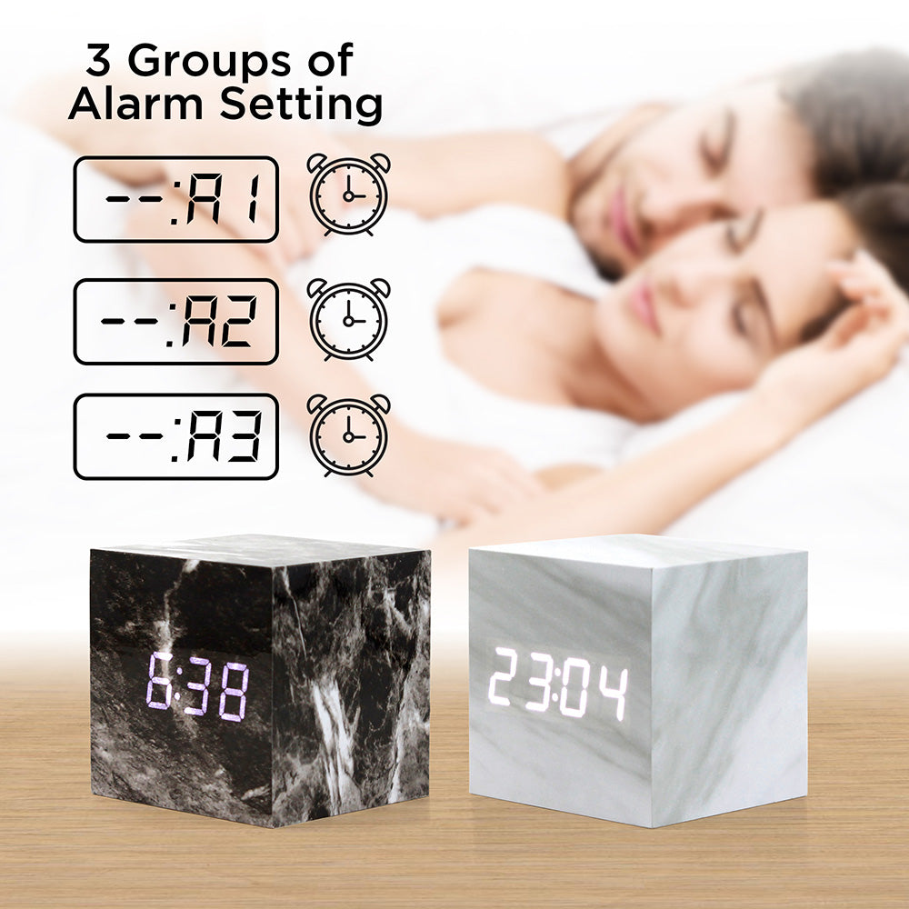 Oct17 Marble Pattern Alarm Clock, Fashion Multi-Function LED Alarm Clock Cube with USB Power Supply, Voice Control, Timer, Thermometer