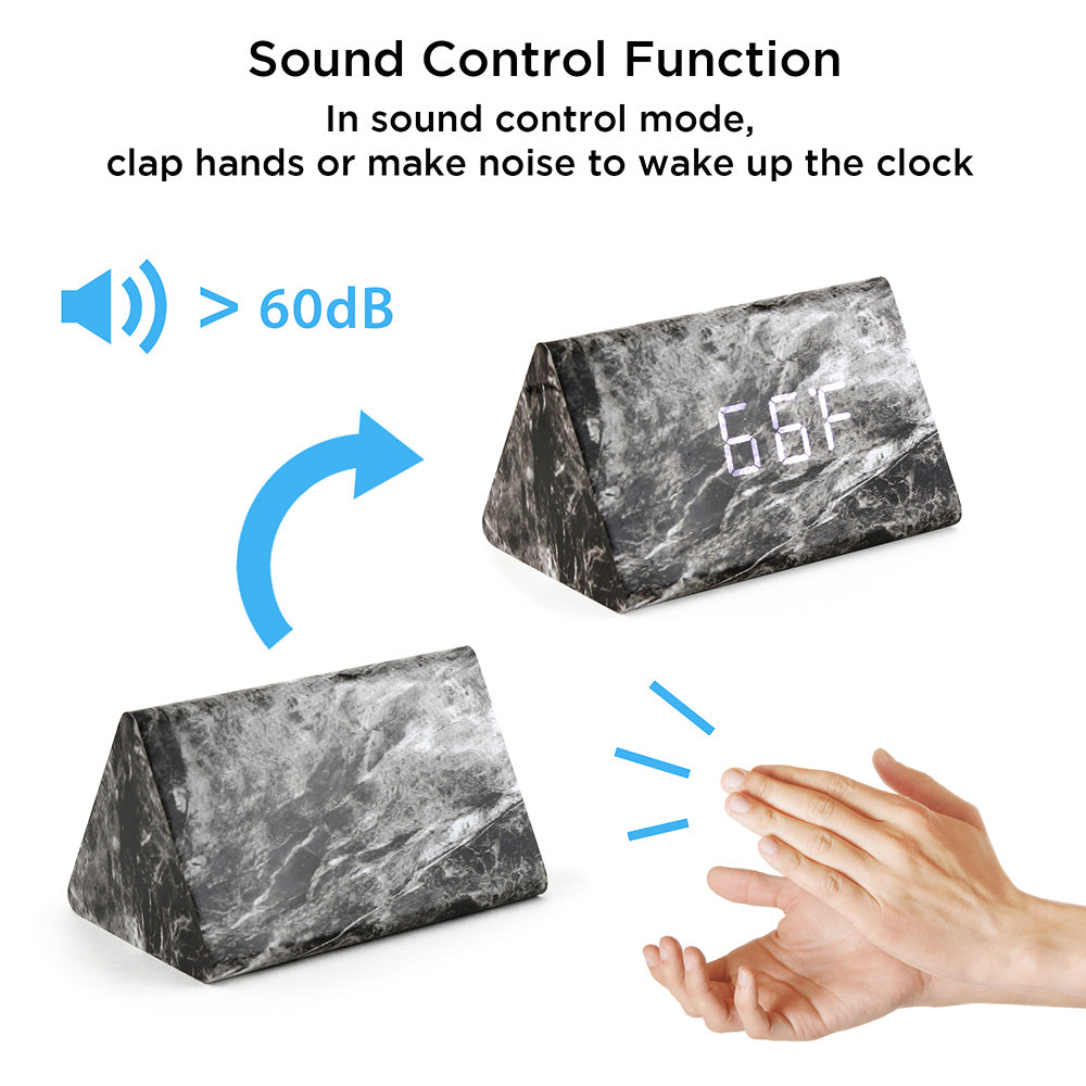 Oct17 Marble Pattern Alarm Clock, Fashion Multi-Function LED Triangle Alarm Clocks Stone Cube with USB Power Supply, Voice Control, Timer, Thermometer