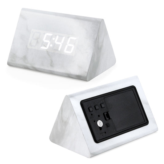 Oct17 Marble Pattern Alarm Clock, Fashion Multi-Function LED Triangle Alarm Clocks Stone Cube with USB Power Supply, Voice Control, Timer, Thermometer