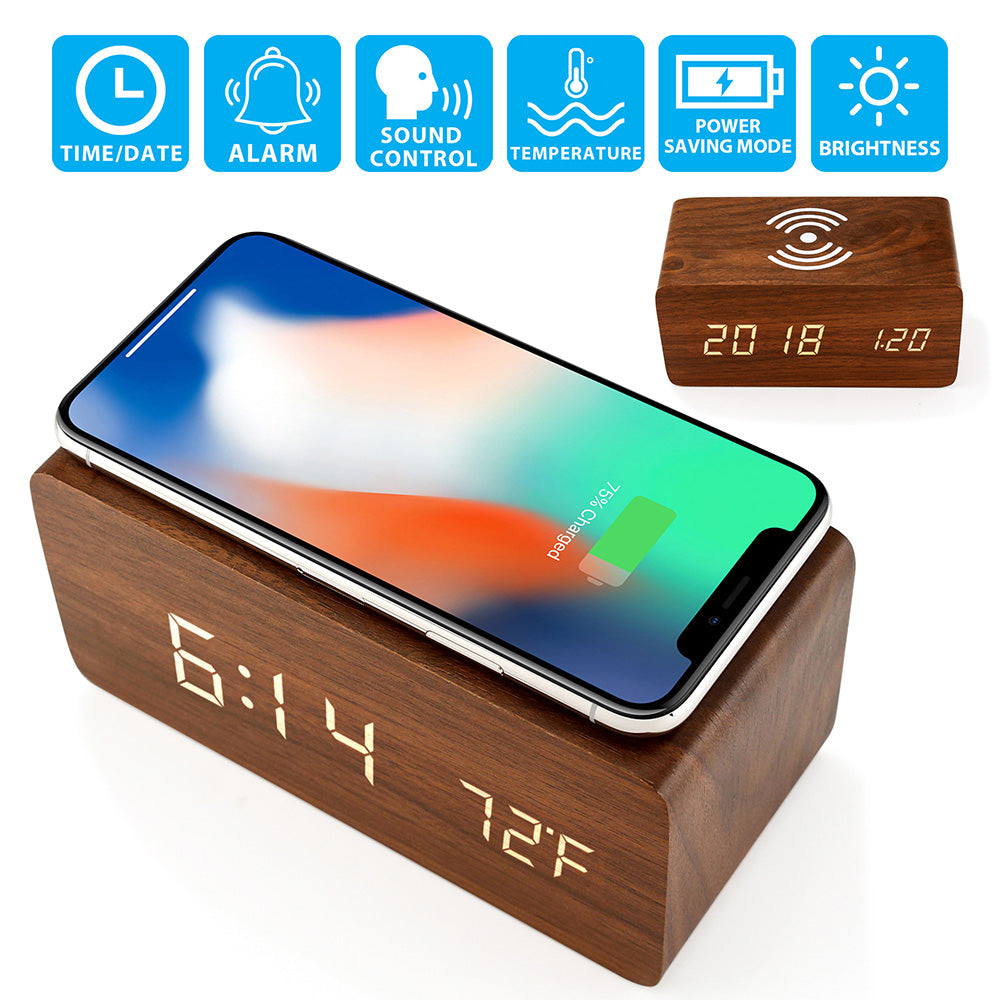 Oct17 Wooden Alarm Clock with Qi Wireless Charging Pad Compatible with iPhone Samsung Wood LED Digital Clock Sound Control Function, Time Date, Temperature Display for Bedroom Office Home