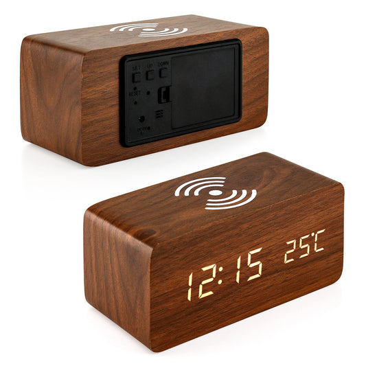 Oct17 Wooden Alarm Clock with Qi Wireless Charging Pad Compatible with iPhone Samsung Wood LED Digital Clock Sound Control Function, Time Date, Temperature Display for Bedroom Office Home