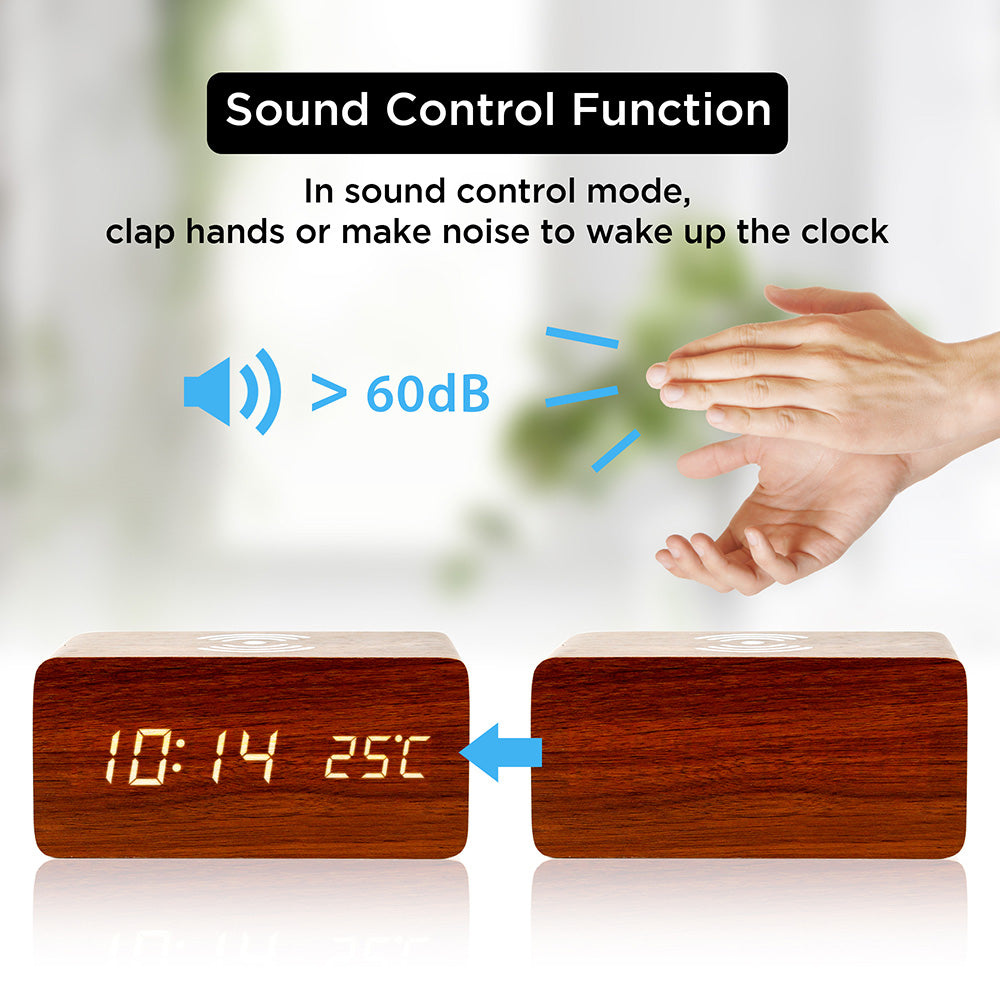 Oct17 Wooden Alarm Clock with Qi Wireless Charging Pad Compatible with iPhone Samsung Wood LED Digital Clock Sound Control Function, Time Date, Temperature Display for Bedroom Office Home