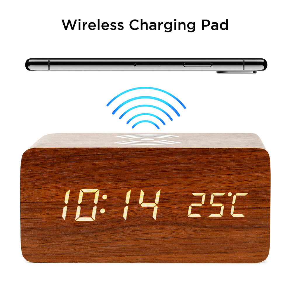 Oct17 Wooden Alarm Clock with Qi Wireless Charging Pad Compatible with iPhone Samsung Wood LED Digital Clock Sound Control Function, Time Date, Temperature Display for Bedroom Office Home