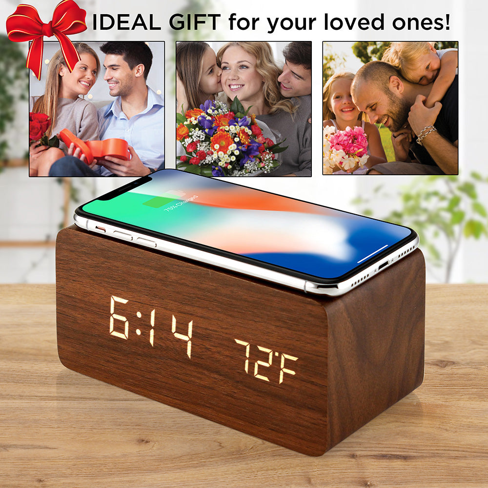 Oct17 Wooden Alarm Clock with Qi Wireless Charging Pad Compatible with iPhone Samsung Wood LED Digital Clock Sound Control Function, Time Date, Temperature Display for Bedroom Office Home