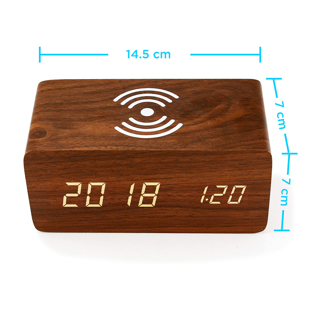 Oct17 Wooden Alarm Clock with Qi Wireless Charging Pad Compatible with iPhone Samsung Wood LED Digital Clock Sound Control Function, Time Date, Temperature Display for Bedroom Office Home