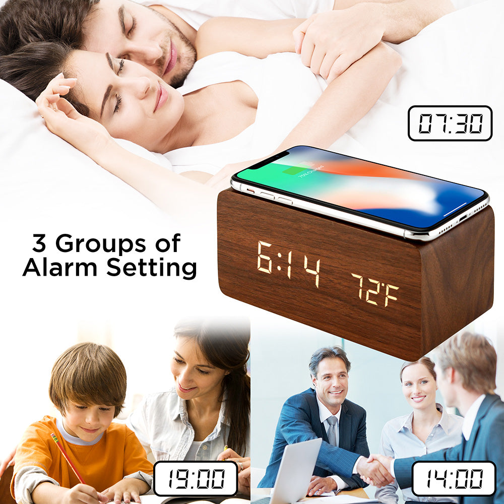 Oct17 Wooden Alarm Clock with Qi Wireless Charging Pad Compatible with iPhone Samsung Wood LED Digital Clock Sound Control Function, Time Date, Temperature Display for Bedroom Office Home