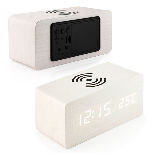 Oct17 Wooden Alarm Clock with Qi Wireless Charging Pad Compatible with iPhone Samsung Wood LED Digital Clock Sound Control Function, Time Date, Temperature Display for Bedroom Office Home