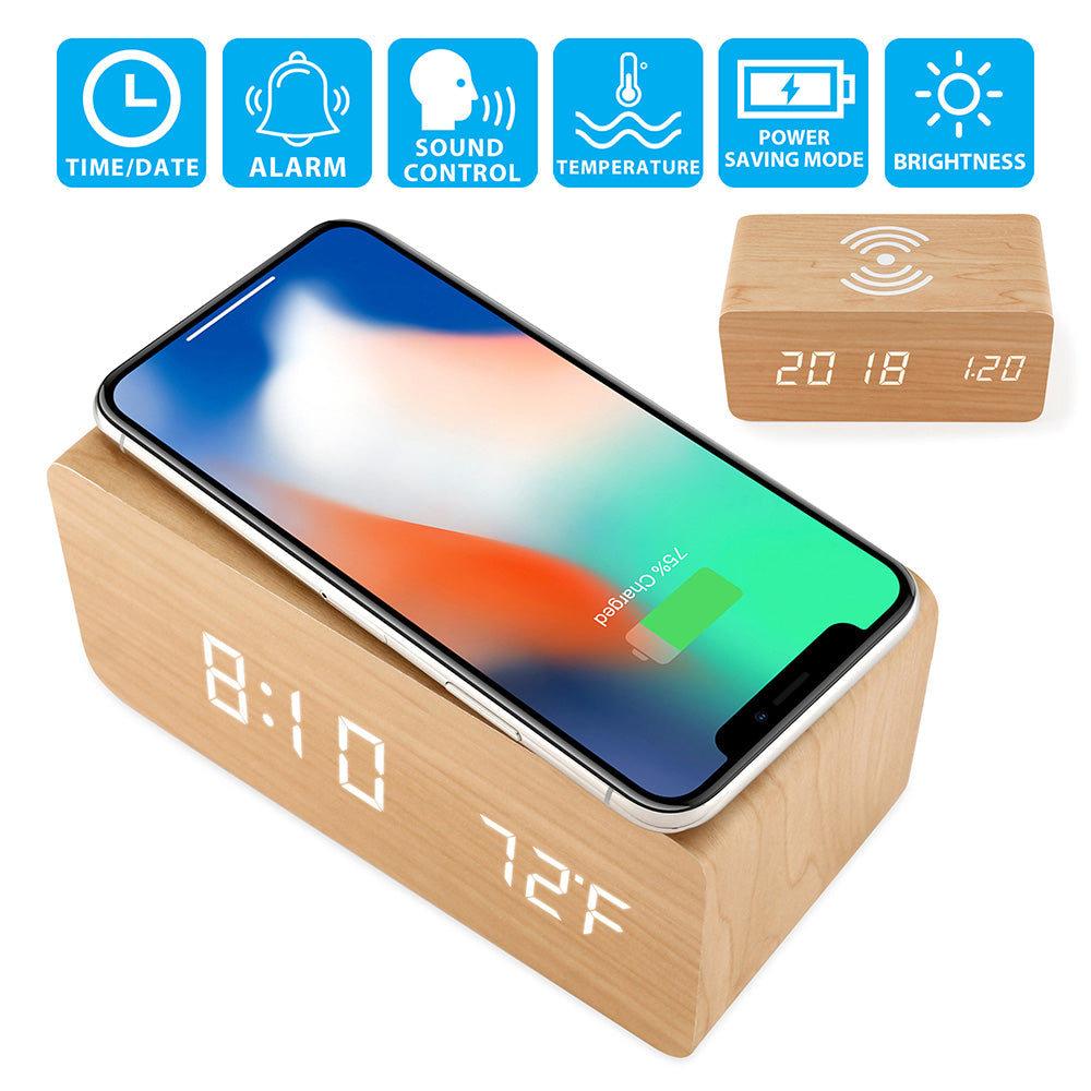 Oct17 Wooden Alarm Clock with Qi Wireless Charging Pad Compatible with iPhone Samsung Wood LED Digital Clock Sound Control Function, Time Date, Temperature Display for Bedroom Office Home