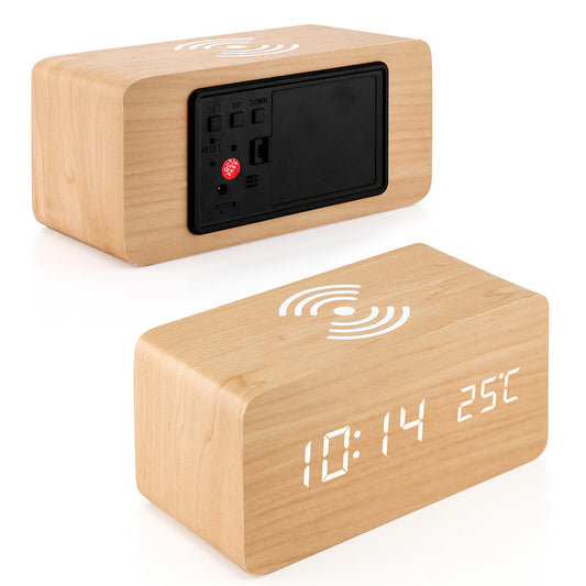 Oct17 Wooden Alarm Clock with Qi Wireless Charging Pad Compatible with iPhone Samsung Wood LED Digital Clock Sound Control Function, Time Date, Temperature Display for Bedroom Office Home