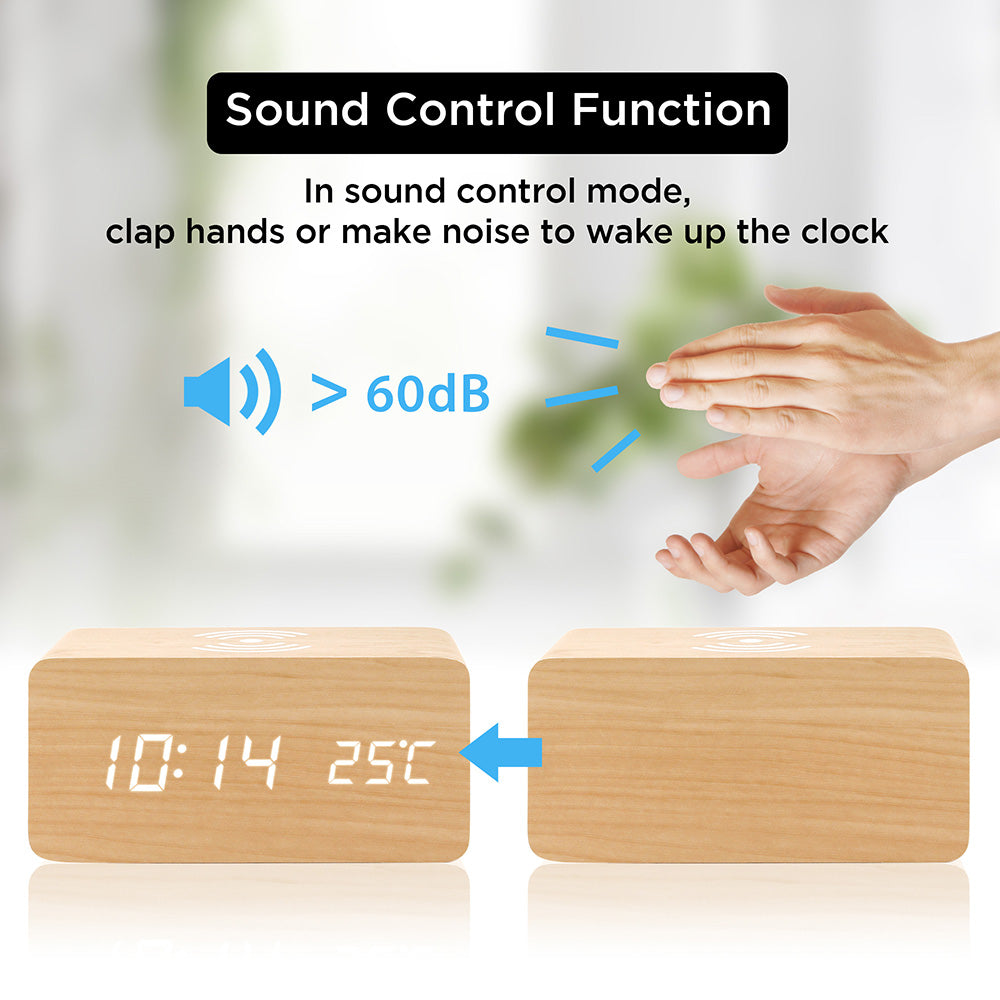 Oct17 Wooden Alarm Clock with Qi Wireless Charging Pad Compatible with iPhone Samsung Wood LED Digital Clock Sound Control Function, Time Date, Temperature Display for Bedroom Office Home