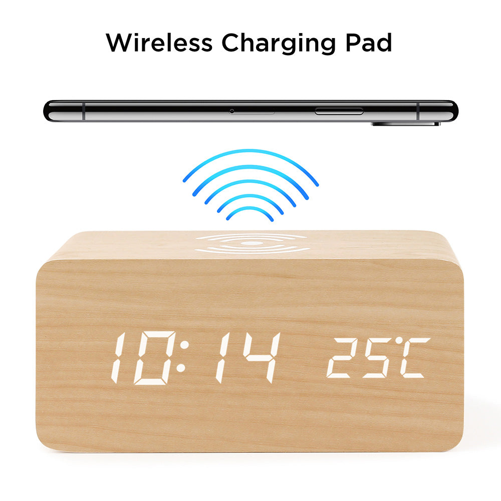 Oct17 Wooden Alarm Clock with Qi Wireless Charging Pad Compatible with iPhone Samsung Wood LED Digital Clock Sound Control Function, Time Date, Temperature Display for Bedroom Office Home