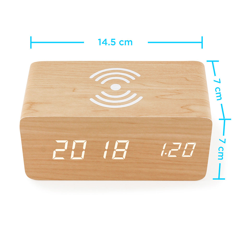 Oct17 Wooden Alarm Clock with Qi Wireless Charging Pad Compatible with iPhone Samsung Wood LED Digital Clock Sound Control Function, Time Date, Temperature Display for Bedroom Office Home