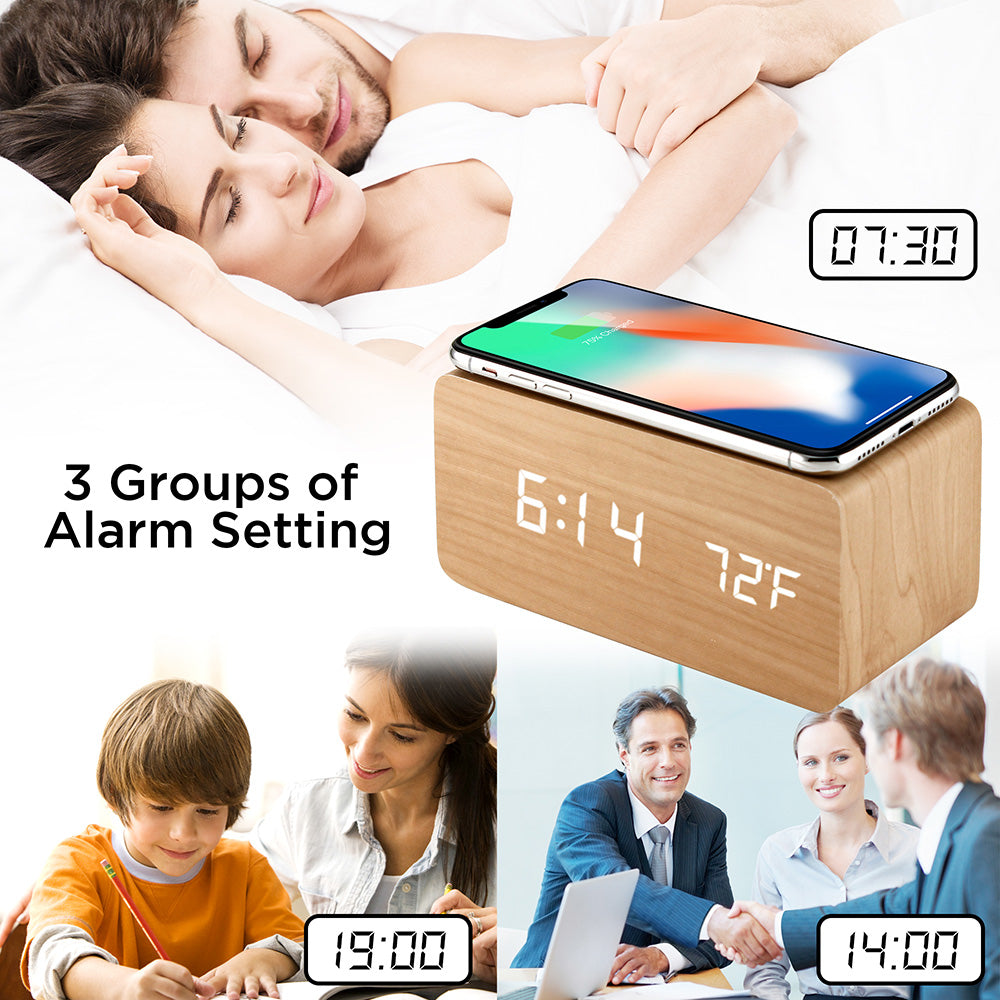 Oct17 Wooden Alarm Clock with Qi Wireless Charging Pad Compatible with iPhone Samsung Wood LED Digital Clock Sound Control Function, Time Date, Temperature Display for Bedroom Office Home