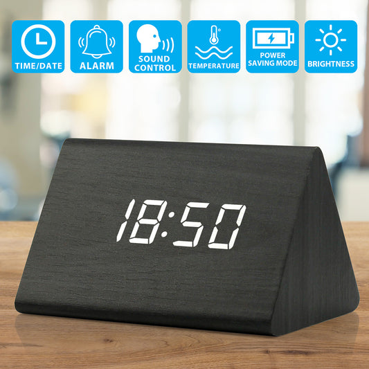 OCT17 Wooden Wood Clock , 2020 New Version LED Alarm Digital Desk Clock Adjustable Brightness, Alarm Time, Displays Time Date Temperature