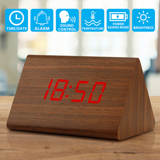 OCT17 Wooden Wood Clock , 2020 New Version LED Alarm Digital Desk Clock Adjustable Brightness, Alarm Time, Displays Time Date Temperature