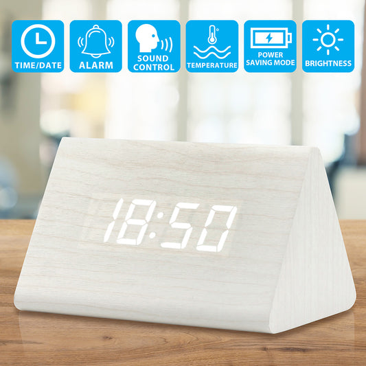 OCT17 Wooden Wood Clock , 2020 New Version LED Alarm Digital Desk Clock Adjustable Brightness, Alarm Time, Displays Time Date Temperature