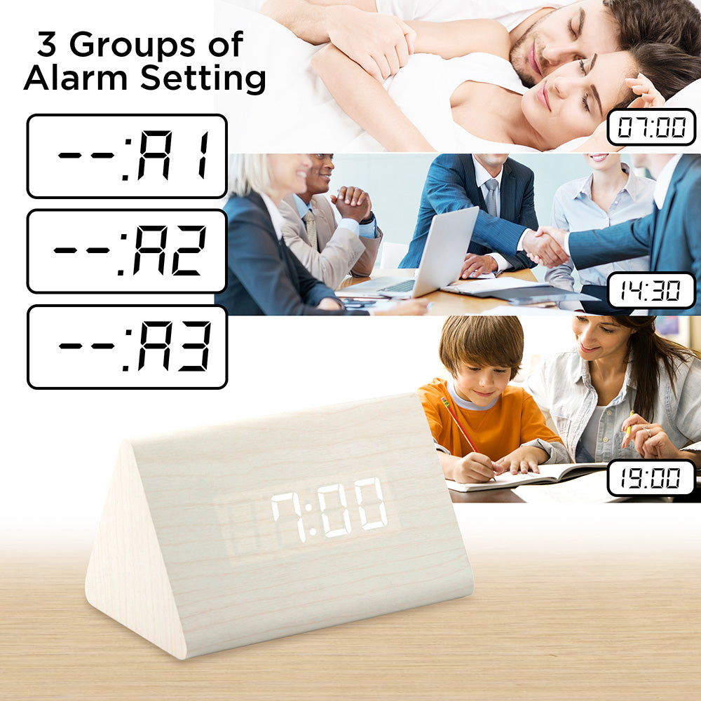 OCT17 Wooden Wood Clock , 2020 New Version LED Alarm Digital Desk Clock Adjustable Brightness, Alarm Time, Displays Time Date Temperature