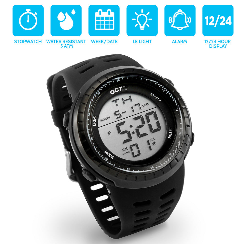 OCT17 Men's Mens Digital Sports Outdoor Watch Military Army Waterproof Fashion Casual Wristwatch Calendar Stopwatch Alarm LED Light