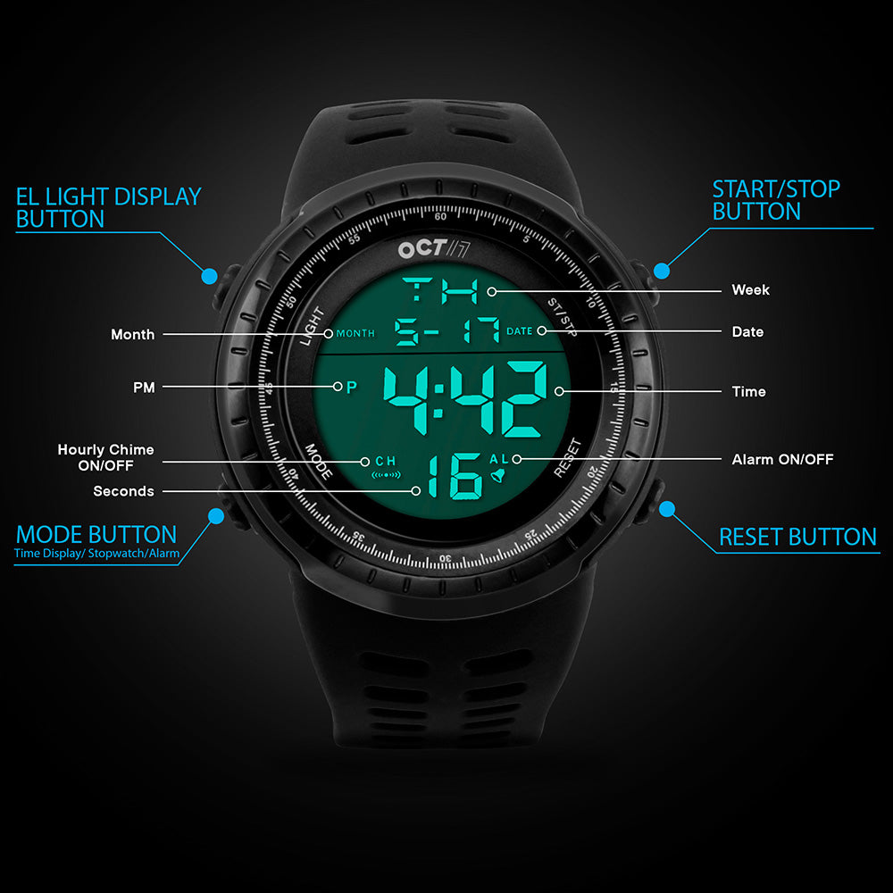 OCT17 Men's Mens Digital Sports Outdoor Watch Military Army Waterproof Fashion Casual Wristwatch Calendar Stopwatch Alarm LED Light