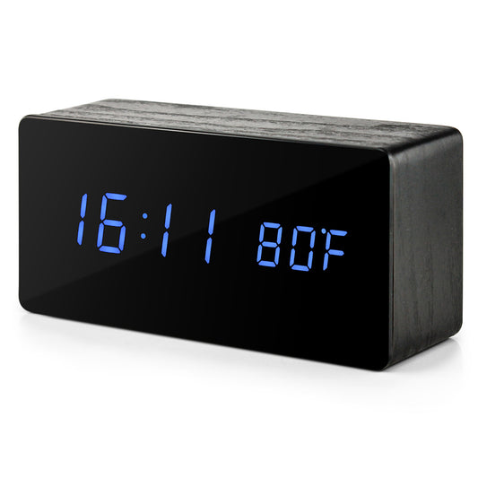 OCT17 Wooden Alarm Clock Mirror Screen Digital Adjustable Digital Clocks LED Voice Control Display Time Date Wood Modern Office Home