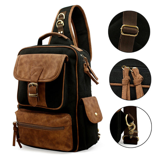 OCT17 Men Chest Shoulder Sling PU Leather Backpack Cross body Canvas Messenger Outdoor Travel Daypack