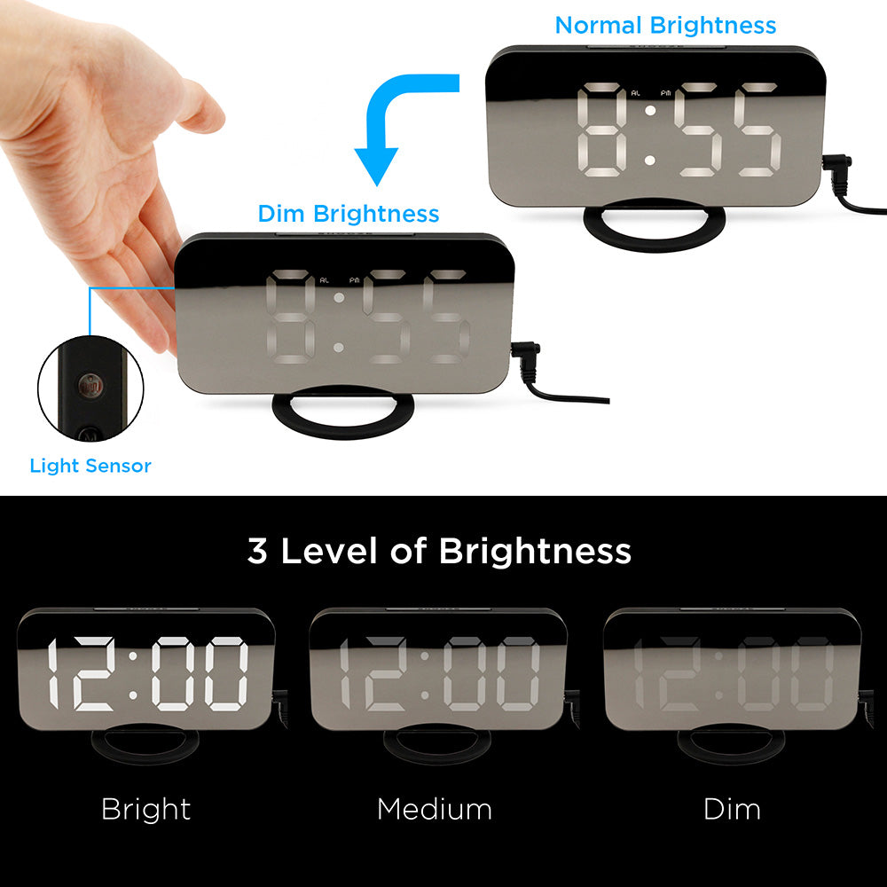 Oct17 Thin Mirror Surface Alarm Clock Digital Automatic dimming LED Light Display Time Date Modern Office Home