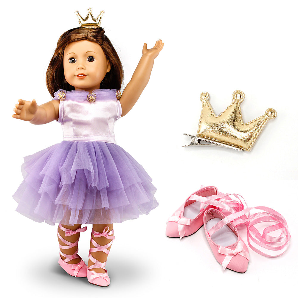 Oct17 Fits Compatible with American Girl 18" Ballet Outfit 18 Inch Doll Clothes Accessories Costume Set Purple Dress Golden Crown Pink Ballet Shoes