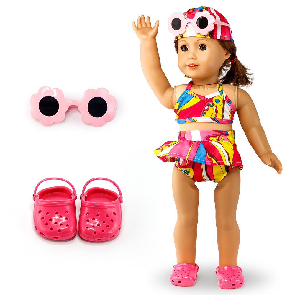 Oct17 Fits Compatible with American Girl 18" Swimming Outfit 18 Inch Doll Clothes Accessories Costume Set Pink Swimmingsuit Sunglasses Slipper Shoes