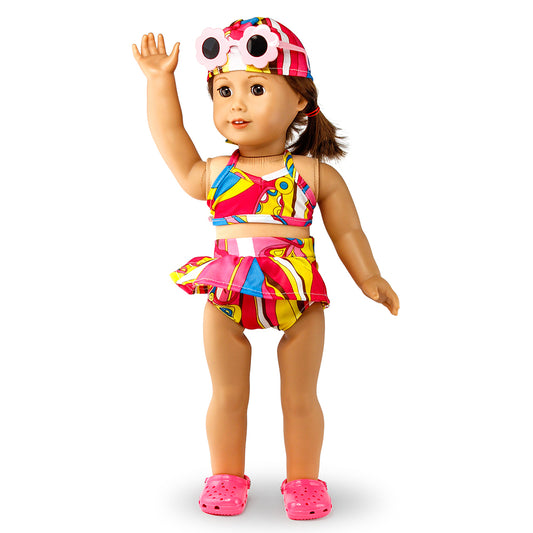 Oct17 Fits Compatible with American Girl 18" Swimming Outfit 18 Inch Doll Clothes Accessories Costume Set Pink Swimmingsuit Sunglasses Slipper Shoes