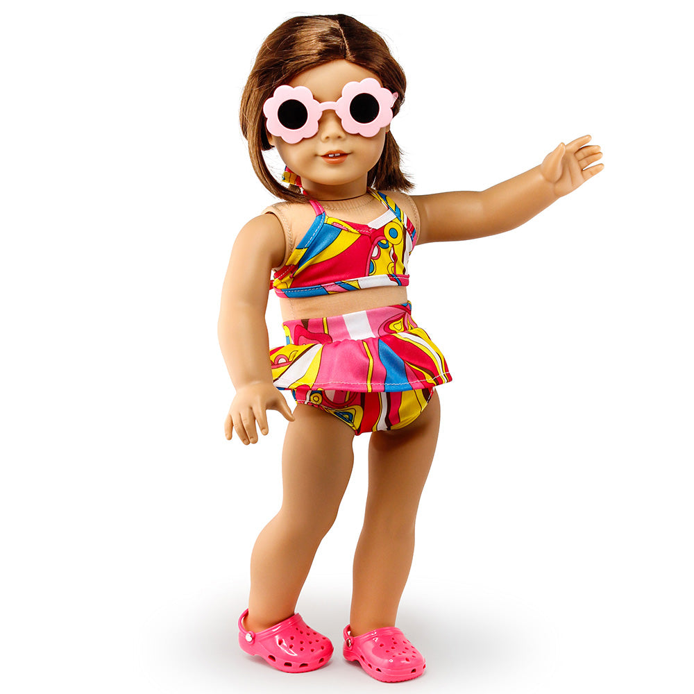 Oct17 Fits Compatible with American Girl 18" Swimming Outfit 18 Inch Doll Clothes Accessories Costume Set Pink Swimmingsuit Sunglasses Slipper Shoes