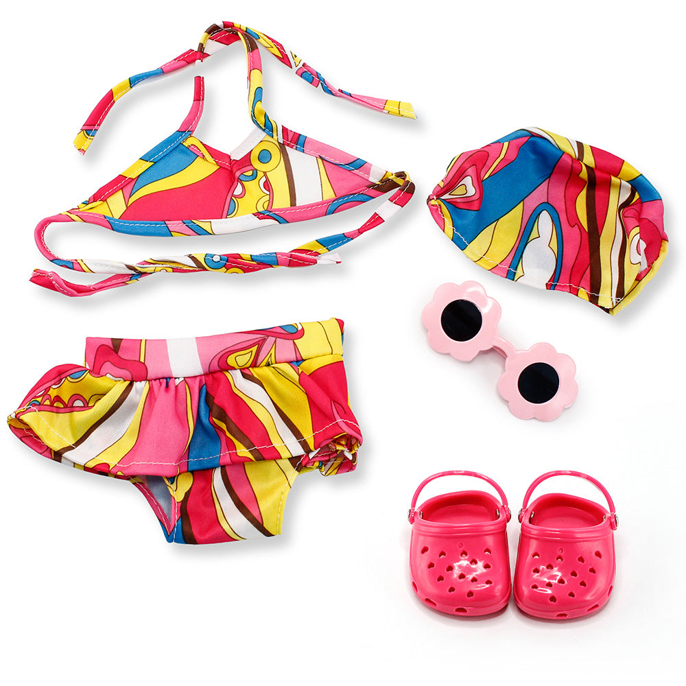 Oct17 Fits Compatible with American Girl 18" Swimming Outfit 18 Inch Doll Clothes Accessories Costume Set Pink Swimmingsuit Sunglasses Slipper Shoes