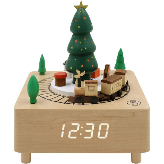 OCT17 Christmas Wooden Music Box Alarm Clock,Christmas Train Musical Box Toy Birthday Present for Boys Girls,LED Alarm Digital Desk Clock Adjustable Brightness,Alarm Time, Displays Time