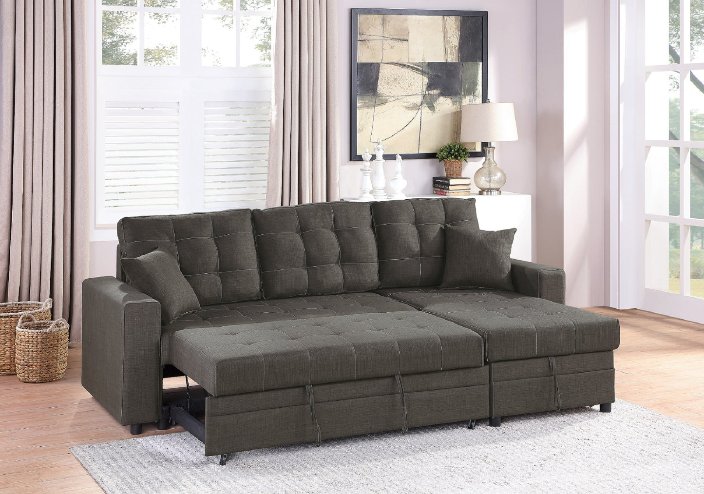 Convertible Sectional Pull Out Bed Sofa Chaise with Reversible Storage, Ash Black Polyfiber Tufted Couch Lounge - Various Sizes Available